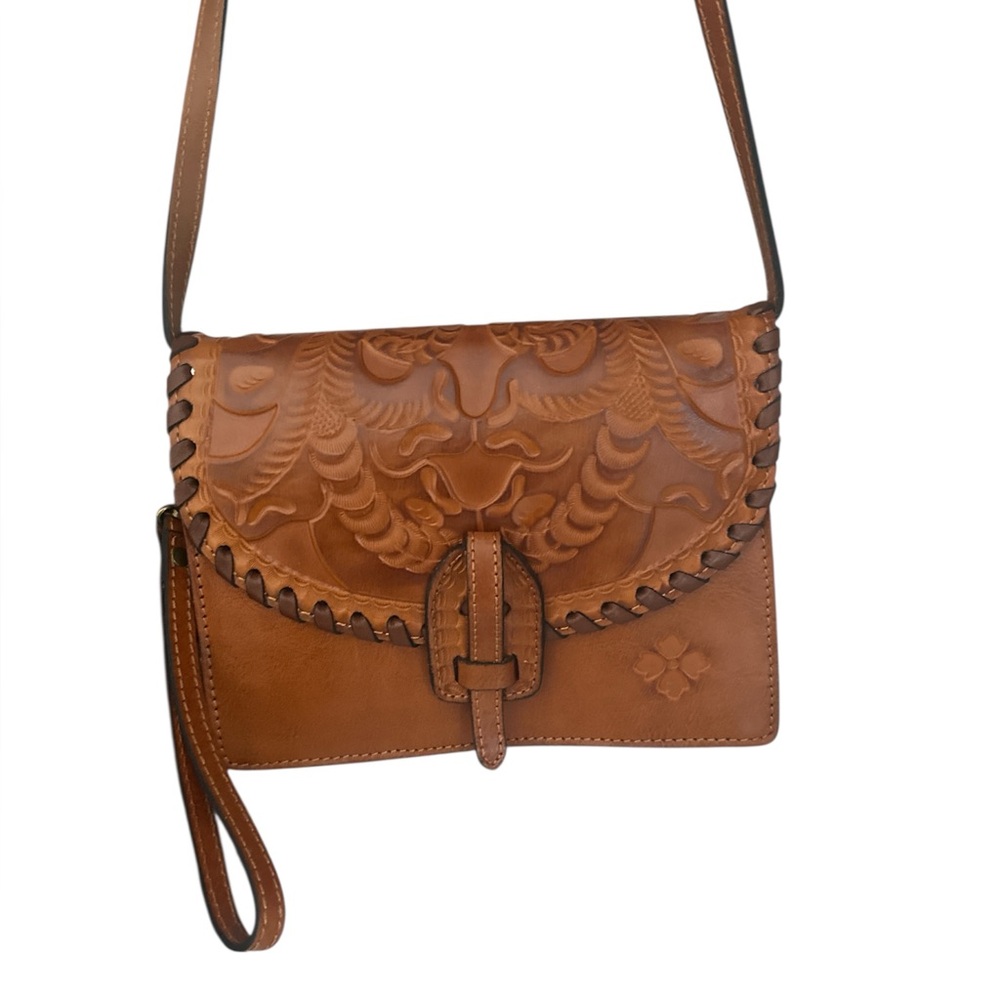 Patricia Nash Cognac Tooled Leather Crossbody with Whipstitch Detail